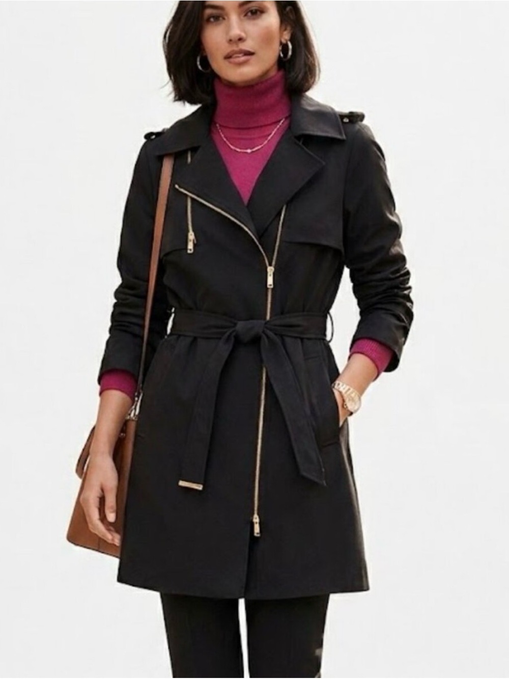 Michael Kors Asymmetrical Zip Up Black & Gold Winter Pea Coat Women's Size XS